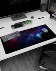 Two-planet starfield scene desk pad 36x16 inches with blue glow planet and warm shadowy planet.