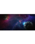 Deep space galaxy desk pad 36x16 inches with star specks, nebula clouds, and two planets.