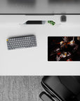 Smoky battlefield anime mouse pad 14x10 inches in ashy blacks, ember reds, crisp whites, and yellow accents.