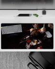 32x16 inches anime mouse pad with smoky black and ember red backdrop, bright yellow vents, bold vibe.