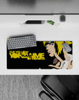 28x12 inches anime mouse pad in sleek black and gold, bright yellow hair accents, modern ninja vibe.