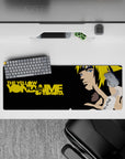 32x12 inches anime desk mat in sleek black and gold, lightning-bright hair accents, modern ninja vibe.