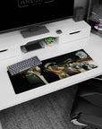 Small but impactful 32x12 desk mat showcases JoJo's iconic drink scene with bold and humorous artistry