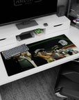 Refreshing drink artwork on 36x16 desk mat captures JoJo's gang's humor and camaraderie in vivid style