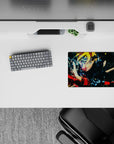 Anime mouse pad 14x10 inches in electric blues, warm reds and golds, with smoky black crackle energy.