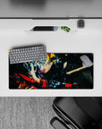 28x12 inches anime mouse pad in electric blues, warm reds and golds, smoky black shards, high-energy vibe.