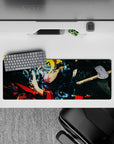32x12 inches anime mouse pad in electric blues with warm reds and golds, crackling energy and bold mood.