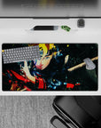 32x16 inches anime mouse pad in electric blues, warm reds and golds, with smoky black energy and speed vibe.