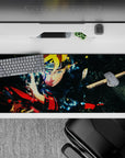 36x16 inches anime desk pad in electric blues, warm reds and golds, with smoky black shards and high-energy vibe.