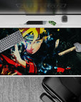 40x20 inches anime desk pad in electric blues, warm reds and gold, fast sleek vibe with headband shine.