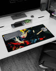 32x16 inches Boruto Uzumaki mouse pad from Naruto, calm grin facing forward with crackling aura and dark shards.