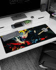 36x16 inches Boruto Uzumaki anime desk pad featuring his calm grin, crackling blue energy, and drifting dark shards.
