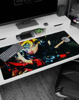 40x20 inches anime desk pad featuring Boruto Uzumaki staring forward, blue crackling aura and shattered void.