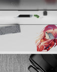 Anime mouse pad featuring Zero Two from Darling in the Franxx, 36x16 inches, with her iconic red suit and pink hair.