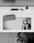 Black white and soft gray anime girl mouse pad 28x12 inches, calm tea vibe with subtle floral pattern.