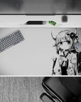 Black, white, and soft gray anime desk pad 40x20 inches with calm late-night tea vibe and floral detail.