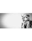 Anime girl desk pad 36x16 inches with horned kimono tea art, sakura blooms, and bold round backdrop.