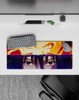 28x12 inches anime mouse pad in blazing orange and ember reds over deep violet midnight tones, bold and intense.