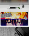 32x16 inches anime mouse pad in blazing orange reds and deep violet midnight tones, intense stare-down vibe.