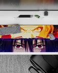 36x16 inches anime mouse pad in blazing orange reds and deep violet midnight tones, intense showdown vibe.
