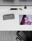 14x10 inches anime mouse pad in lavender haze with inky blacks, bright white hair, and snowy grain sparkle.