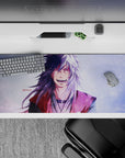 36x16 inches anime mouse pad in lavender haze, inky black and bright white hair, cozy red accents.