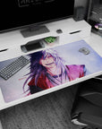 Naruto Jiraiya smiling with white hair and red haori on a 40x20 inches anime desk pad, cozy desk vibe.