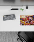 Warm sunset gold and candy pink anime mouse pad 14x10 inches, deep blues for a dreamy desk mood.