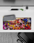 Anime girl mouse pad 28x12 inches in sunset gold, candy pink, and deep blue for a dreamy desk vibe.
