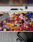 Anime desk pad 40x20 inches in sunset gold, candy pink, and deep blue for a dreamy garden mood.
