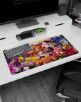 32x16 inches anime girl mouse pad featuring a silver-haired girl in black-red kimono hugging a bouquet.