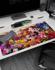 40x20 inches anime girl desk pad showing a silver-haired girl in black-and-red kimono hugging flowers.