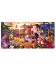 32x16 inches anime girl mouse pad with silver-haired kimono girl, butterflies, and blooming flower garden.