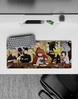 28x12 inches anime mouse pad with warm tan tones, pink and blond pops, and comfy ramen-shop chaos.