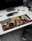 Naruto grinning at the table with Sakura, Shikamaru and friends in ramen shop, 36x16 inches.