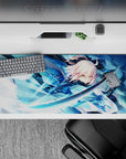 36x16 inches desk pad with Okita Souji from Fate/Grand Order, showcasing her precise strikes and elegance in battle.