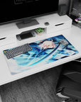 Modern 32x16 inches mouse pad with Okita Souji from Fate/Grand Order, showcasing her fierce yet elegant swordsmanship in action.