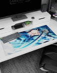 Artistic 36x16 inches desk pad with Okita Souji from Fate/Grand Order, blending swift swordsmanship and the beauty of a samurai in action.