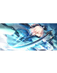 Desk pad featuring Okita Souji from Fate/Grand Order, 36x16 inches, capturing her grace and fierce swordsmanship in a beautiful action pose.