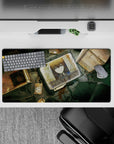 Rusty gold and cold teal anime mouse pad 32x16 inches, calm cyberpunk mood with sharp lines and soft shading.