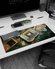 Steel-eyed anime girl on cracked screen desk pad 36x16 inches, neat tie and uniform in worn lab scene.