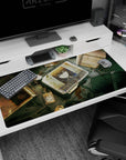 Anime desk pad 40x20 inches featuring calm uniformed girl staring from a cracked monitor in a worn lab.