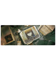 Cyber-noir anime mouse pad 32x12 inches with steel-eyed girl in cracked monitor, gritty lab details.
