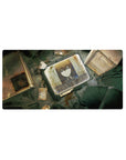 Cyber-noir anime mouse pad 32x16 inches with steel-eyed girl in gritty lab, cables and worn metal panels.