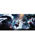 Mouse pad featuring Solo Leveling design, 36x16 inches, with Sung Jin-Woo, Igris, and Beru in a mystical forest, glowing sword and shadow army for epic battle energy.