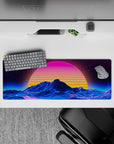 32x12 inches mouse pad with Retro Sunset Peaks, capturing the beauty of a surreal sunset and neon waves behind glowing blue mountain contours.