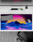 32x16 inches mouse pad with Retro Sunset Peaks, capturing the beauty of a radiant sunset and glowing blue neon mountain contours.