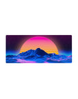 Mouse pad featuring Retro Sunset Peaks, 28x12 inches, with glowing blue mountain contours and a vibrant sunset creating a surreal, neon-lit vibe.