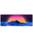 Compact 32x12 inches mouse pad with Retro Sunset Peaks, blending a radiant sun with blue neon contours and neon waves for a retro vibe.