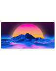 Mouse pad featuring Retro Sunset Peaks, 32x16 inches, with a vibrant sunset and flowing neon waves against blue neon mountain contours.